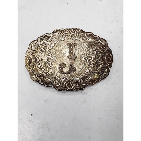 CRUMRINE Silver Plate & Bronze Initial J Belt Buckle Floral Pre Owned - Picture 1 of 7